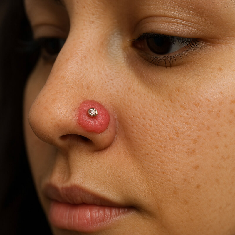 Close up of woman nose piercing with read piercing bump.