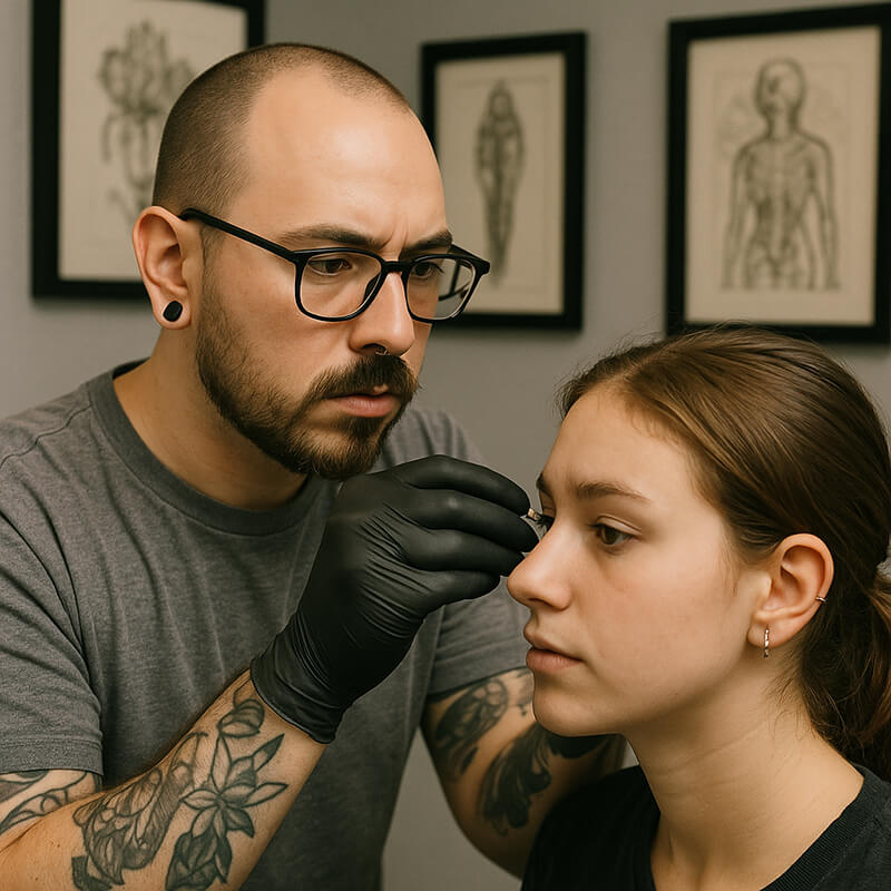 A man with a short beard and wearing glasses performing a piericng on a young dark haired womin in a professional room.