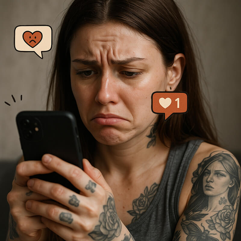 Woman looking at her mobile phone, dissapointed, because her social media posts aren't getting many likes