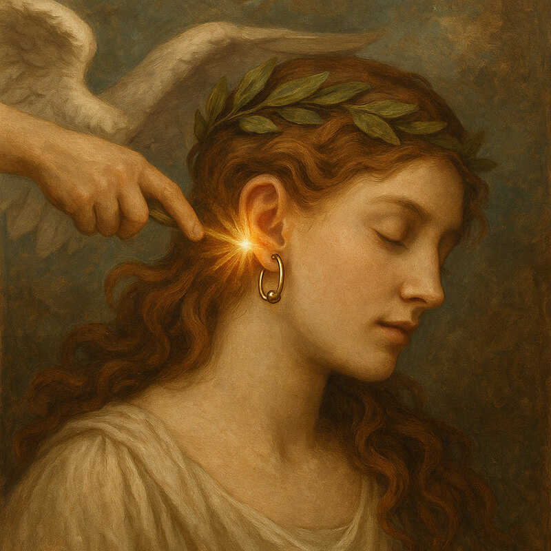 Classical-style painting of a serene woman with closed eyes wearing a gold hoop earring, as a glowing light touches her ear from an angel’s hand, symbolising the myth of quick healing.