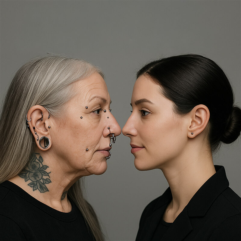Two women facing each other against a grey background — one older with extensive facial piercings, stretched ears, and tattoos, and one younger with minimal ear piercings, highlighting generational contrast in piercing styles.