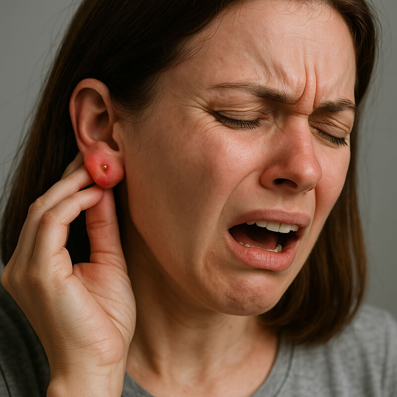 woman in pain holding her right hand to her infected earlobe piercing almost about to cry.