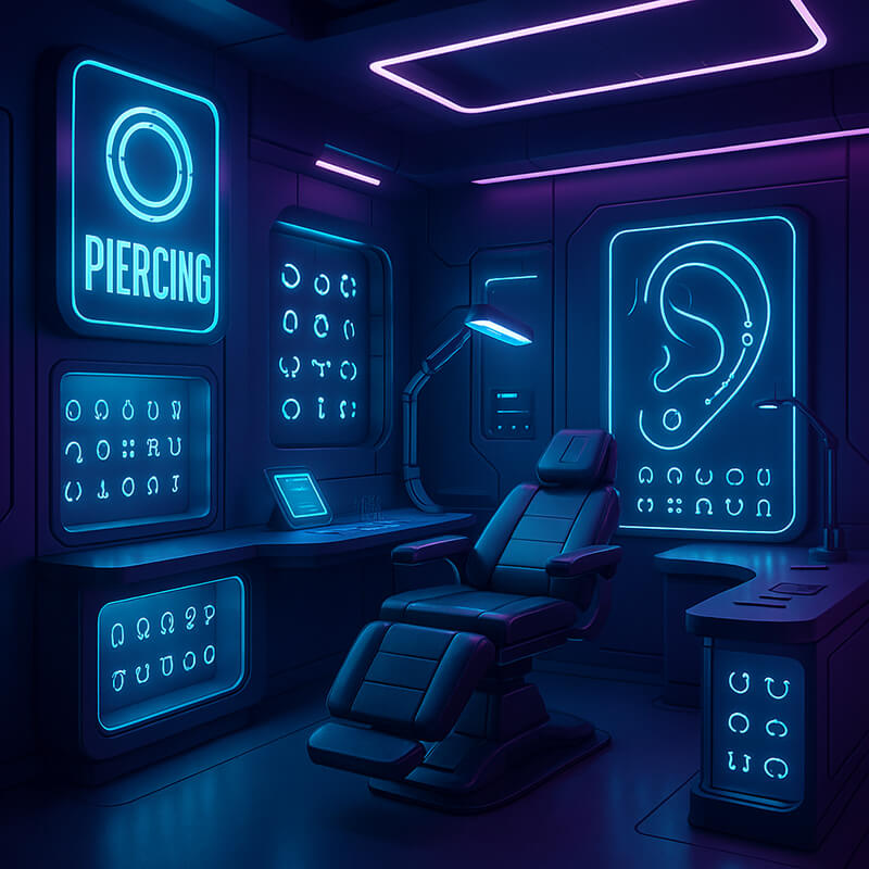 Futuristic piercing studio with a sleek reclining chair, neon blue and purple lighting, and digital wall displays showing ear diagrams and piercing jewellery."
