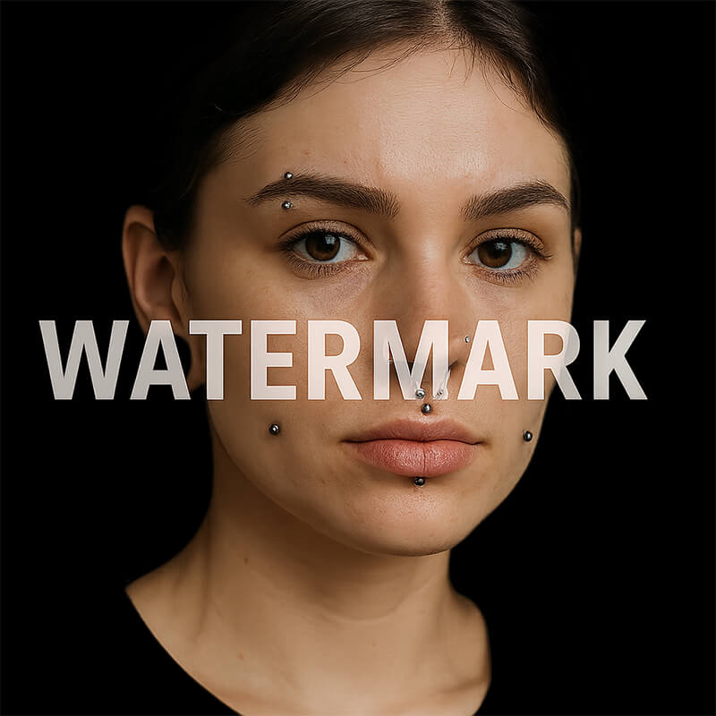 Woman with facial piercing on a black background with a large white text accross the centre of the image saying WATERMARK