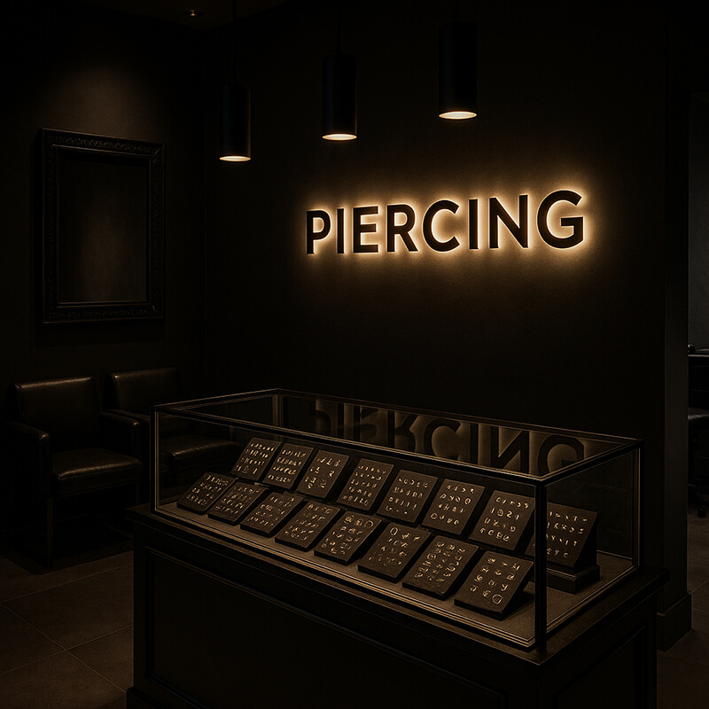 Modern piercing studio interior with dark walls, illuminated ‘PIERCING’ sign, and a glass display case showcasing neatly arranged jewellery, resembling an art gallery setting.